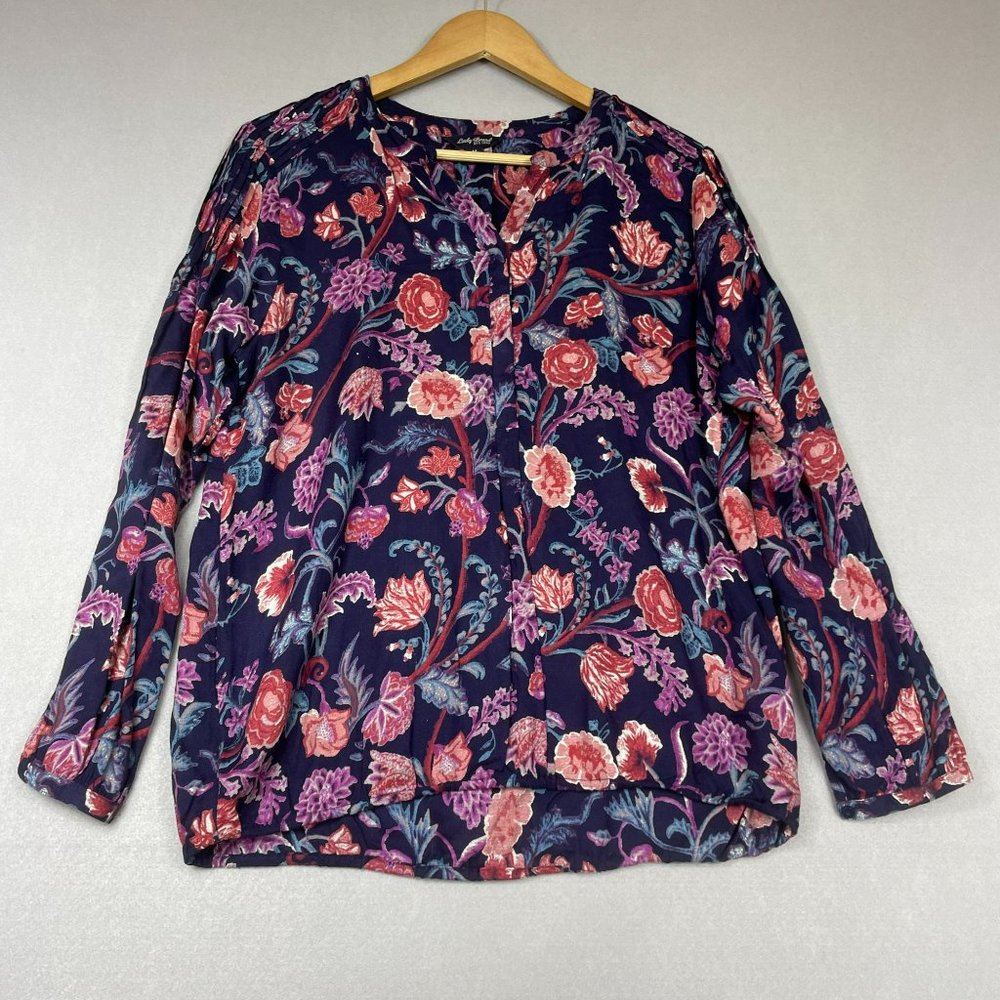 Lucky Brand Floral Popover Blouse Size M Blue Pink Long Sleeve Rayon Boho